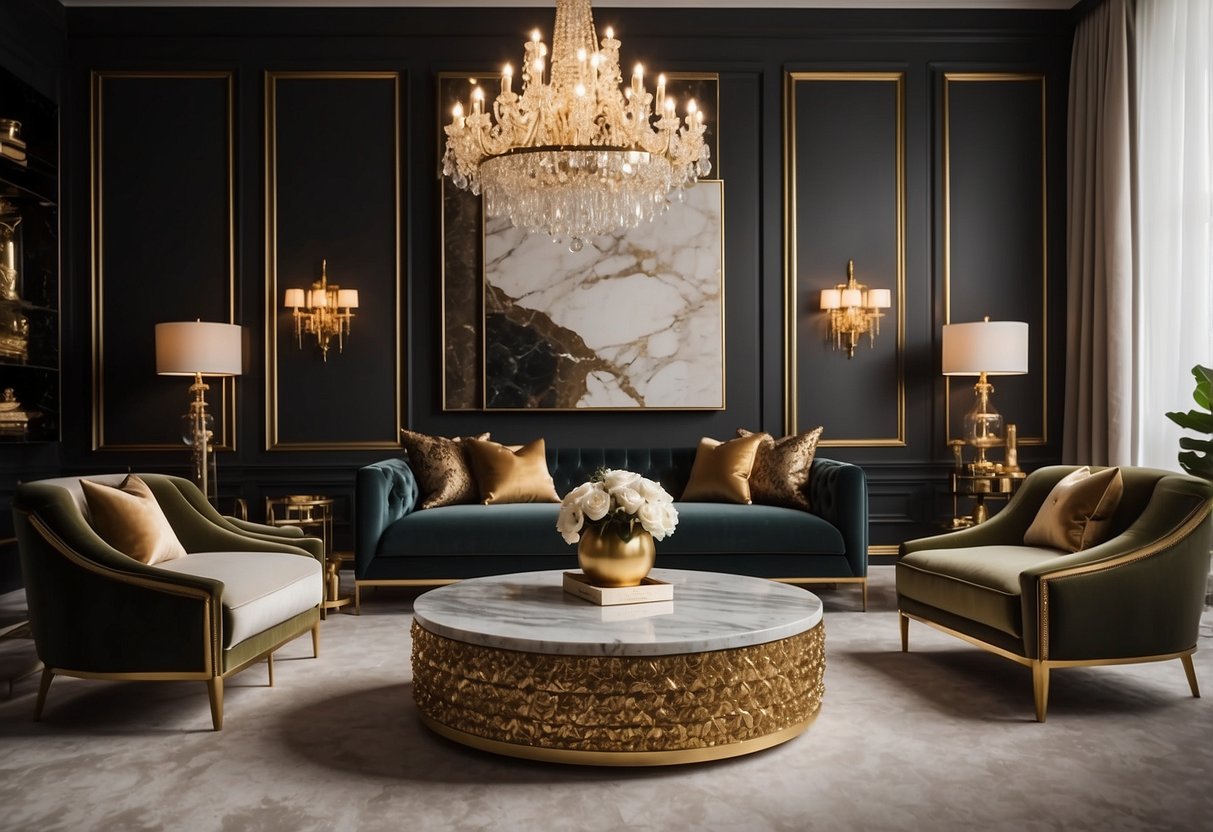 A luxurious living room with a custom-made velvet sofa, marble coffee table, and gold-accented side chairs. Elegant lighting fixtures and intricate wall art complete the opulent scene