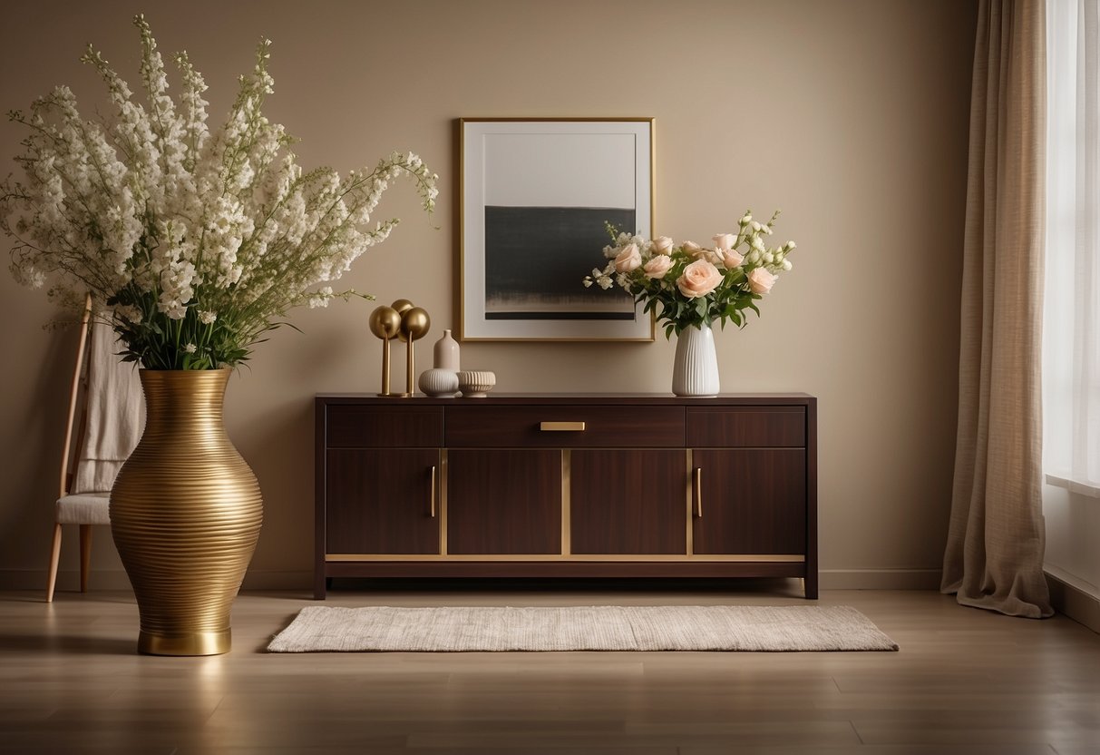 A dark wood sideboard with polished brass handles sits against a cream-colored wall, adorned with a vase of fresh flowers and a stack of neatly folded linen napkins