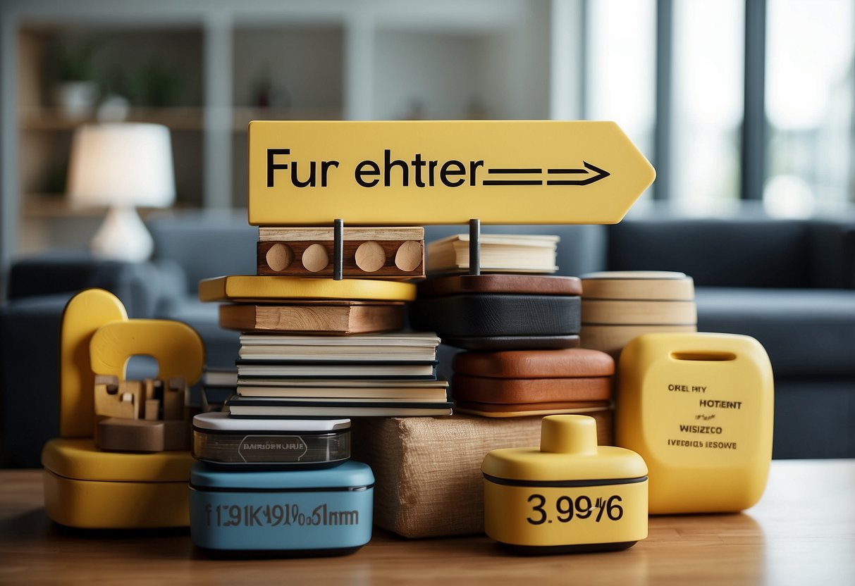A stack of furniture with a "Frequently Asked Questions" sign, showing a percentage decrease in value over time