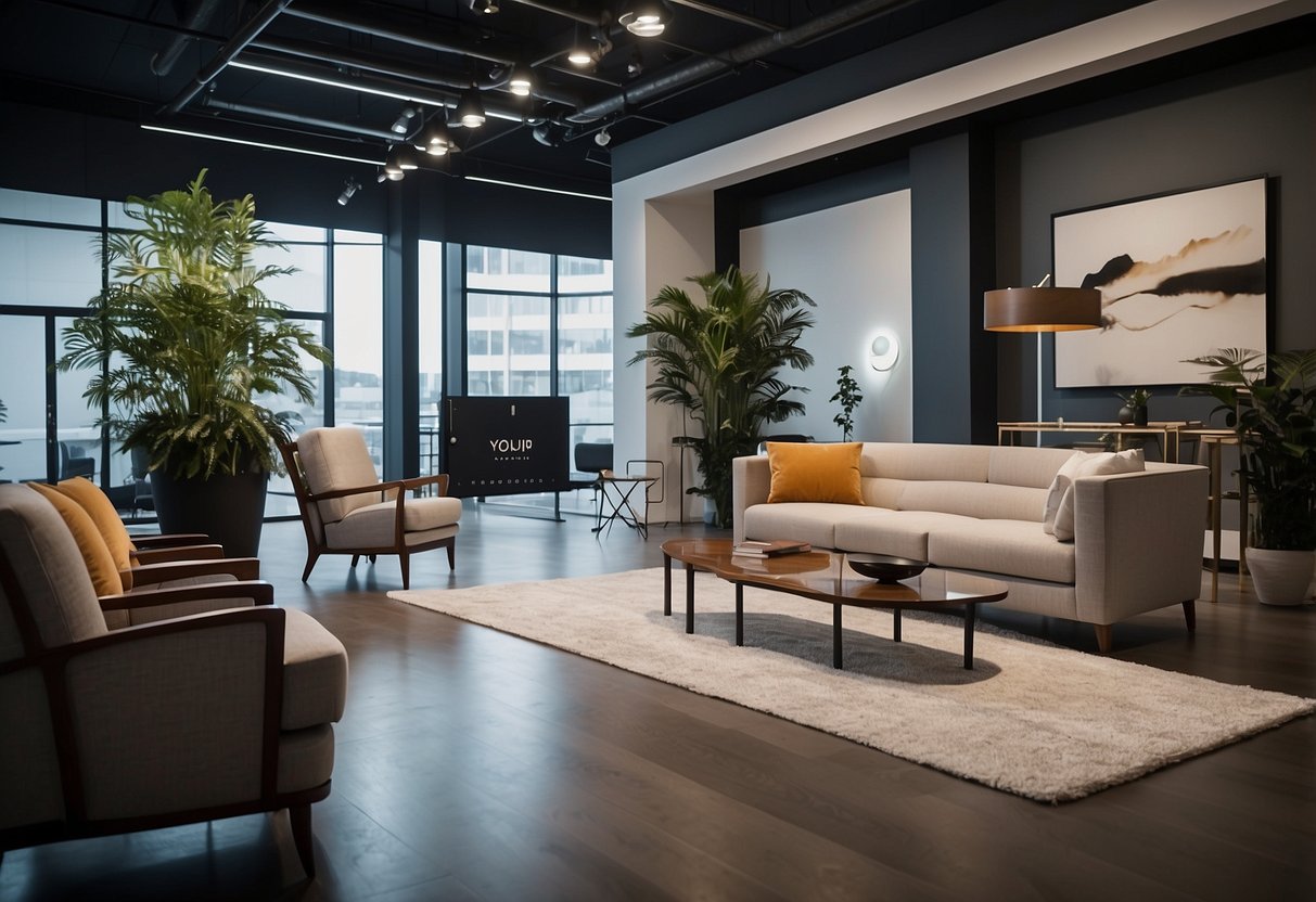 A sleek, modern showroom with elegant, custom-made furniture on display. A sign with "Frequently Asked Questions" stands out