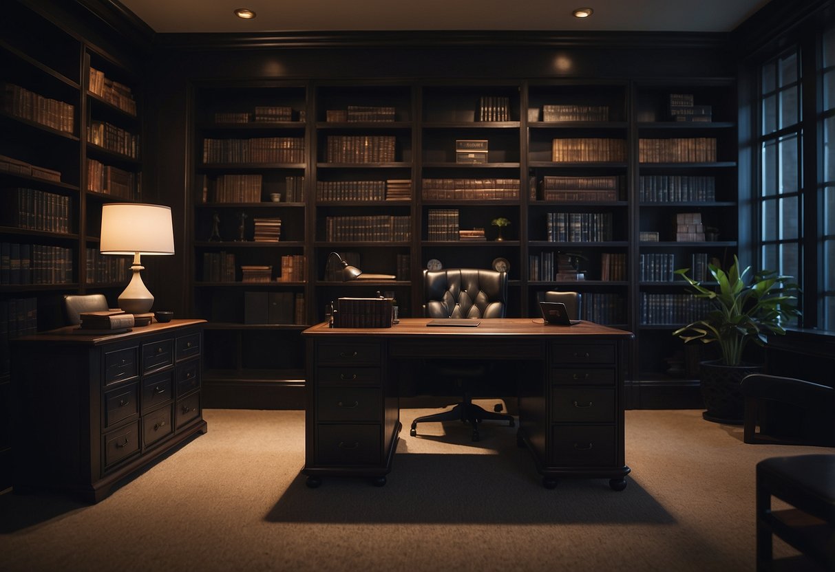 A dimly lit room with a dark wood desk and chair, bookshelves filled with neatly organized files, and a sign reading "Frequently Asked Questions."