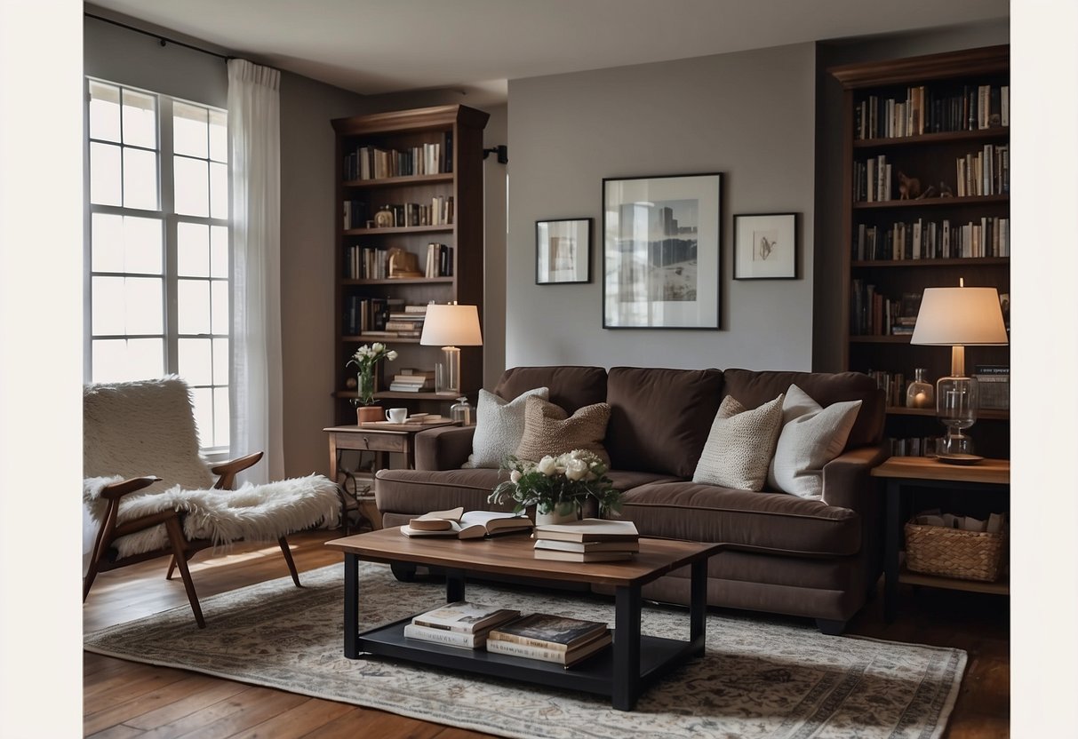 A cozy living room with a dark wood coffee table, a plush sofa, and a vintage rug on the floor. A bookshelf filled with books and decorative items stands against the wall