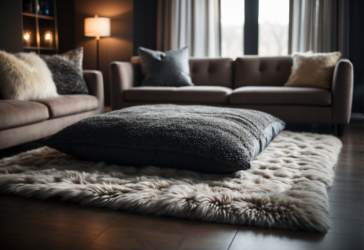 A room with dark wood floors is adorned with textured rugs, plush throw pillows, and metallic accents, creating a cozy and elegant atmosphere
