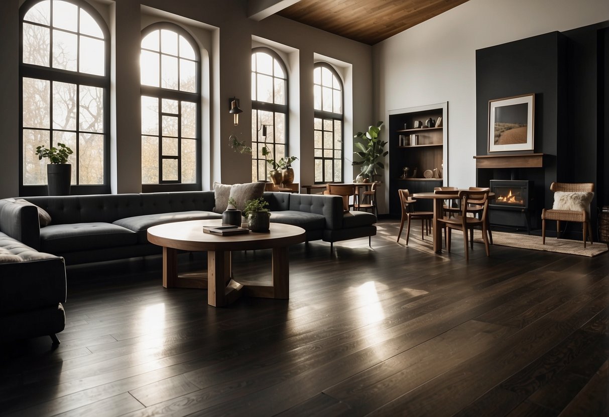 A room with dark wood floors, featuring a variety of furniture pieces such as tables, chairs, and cabinets. The space is well-lit, with natural light streaming in through the windows