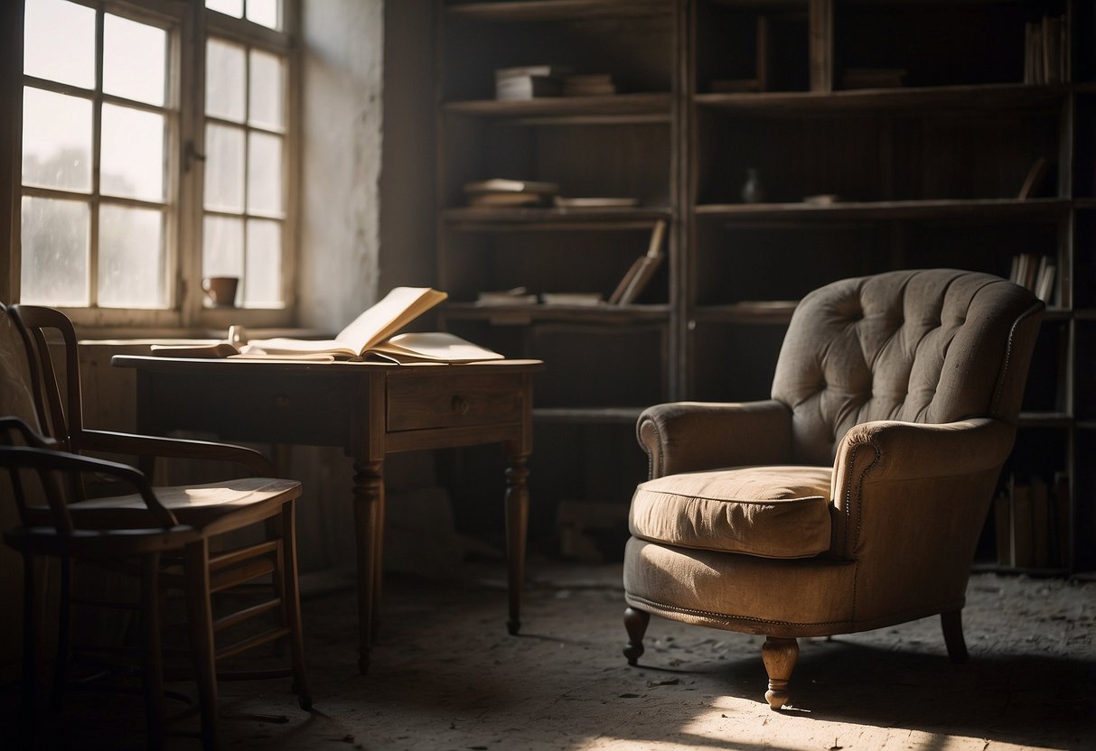 A worn-out chair sits in a dimly lit room, surrounded by dusty shelves and a cracked table. The faded journal entry lies open, detailing the gradual decline of the furniture's value