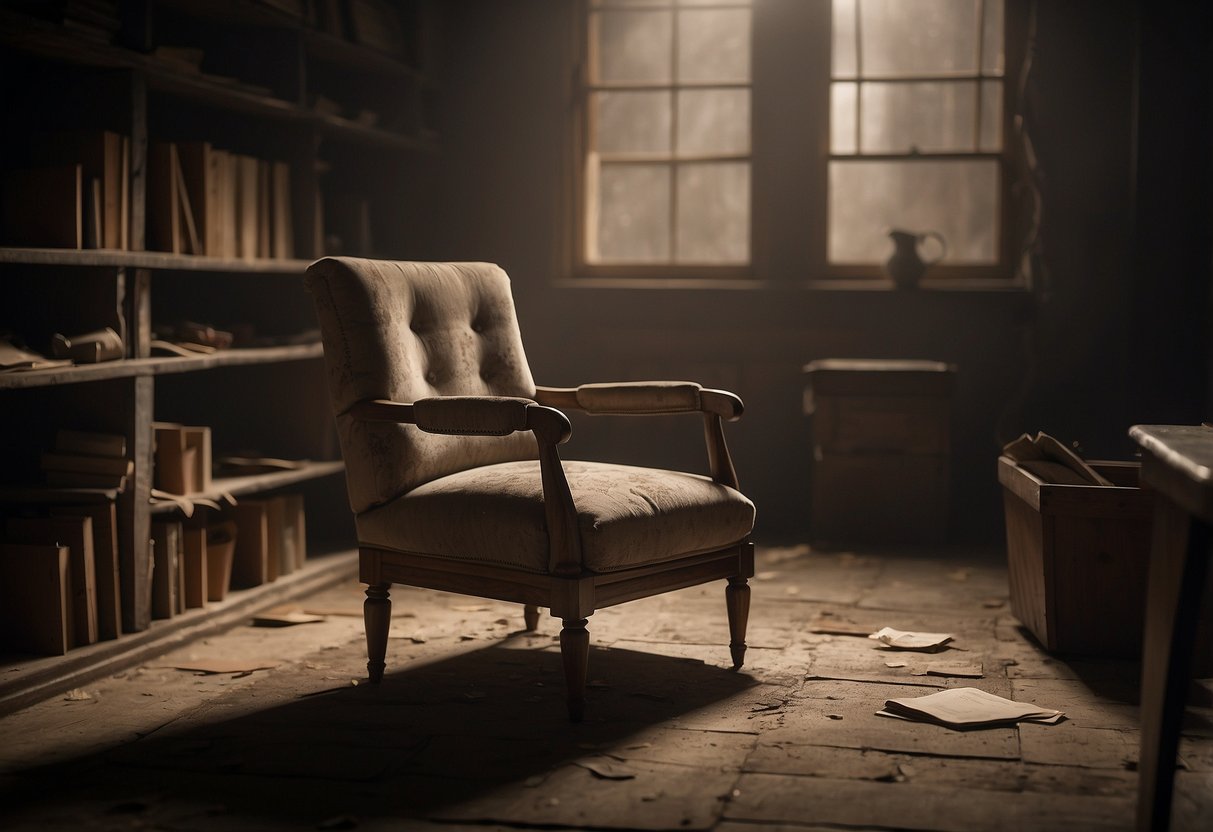 A worn-out chair sits in a dimly lit room, surrounded by dusty shelves and faded wallpaper. A ledger lies open on a desk, with a pen resting beside it