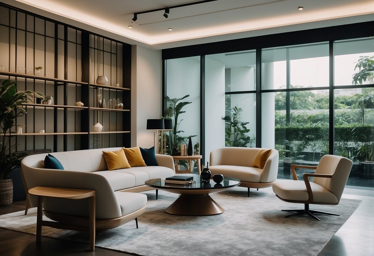 A modern furniture showroom in Singapore, with sleek designs and a minimalist aesthetic. Clean lines and natural materials create a sense of contemporary elegance