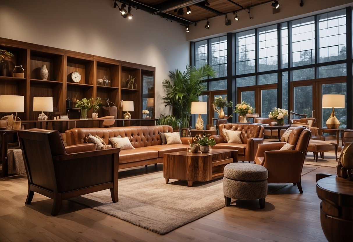 A showroom filled with elegant, handcrafted furniture in various wood finishes and styles. Light streams in through large windows, casting a warm glow on the beautifully crafted pieces