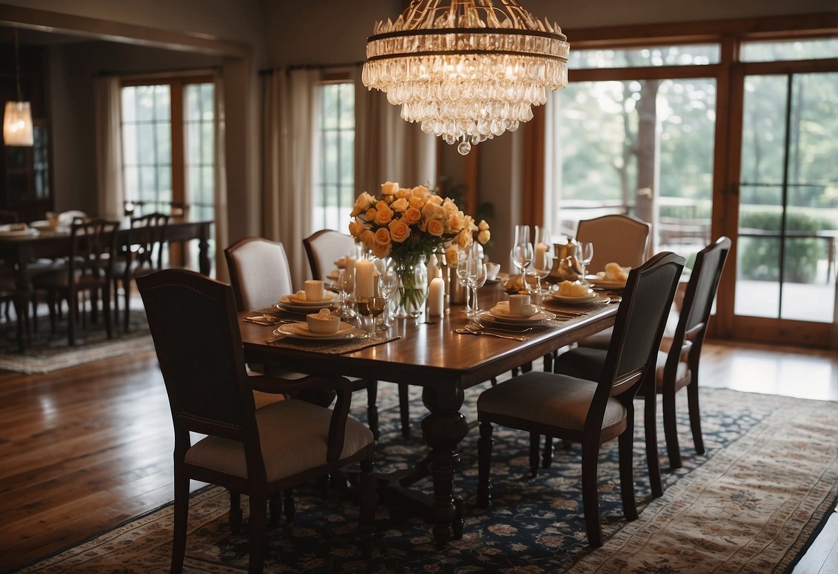 A dining table with chairs, a buffet, and a chandelier in a spacious room with large windows and a rug