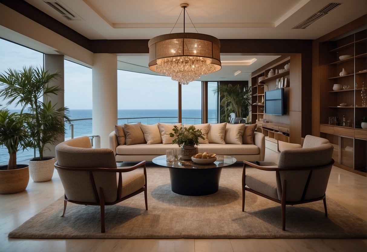 A central island with various furniture pieces arranged in a harmonious and functional manner