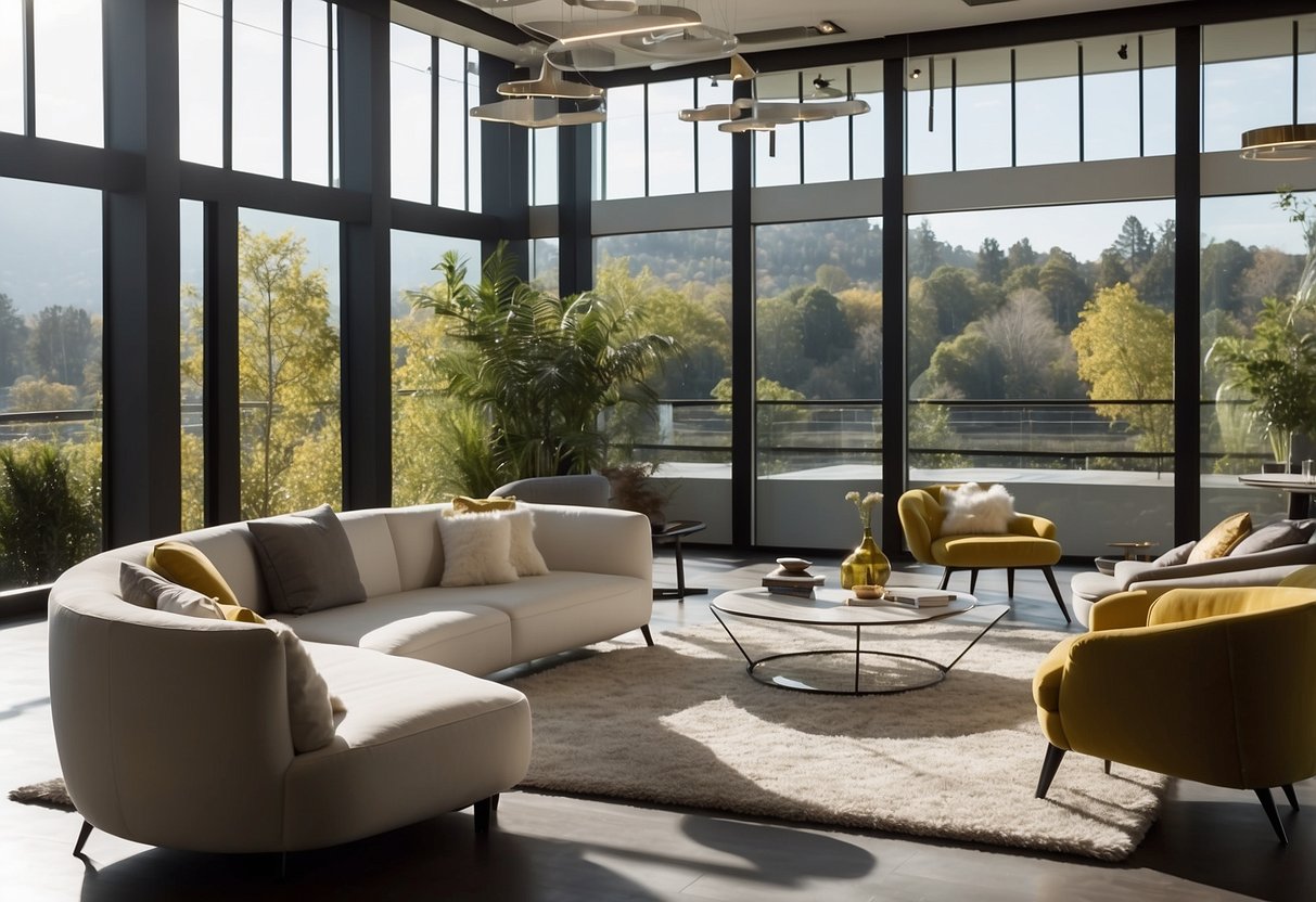 Sleek, modern lounge furniture fills the open space. A variety of seating options, from plush sofas to sleek armchairs, are arranged around low tables. Bright, natural light streams in through large windows, casting a warm glow over the stylish