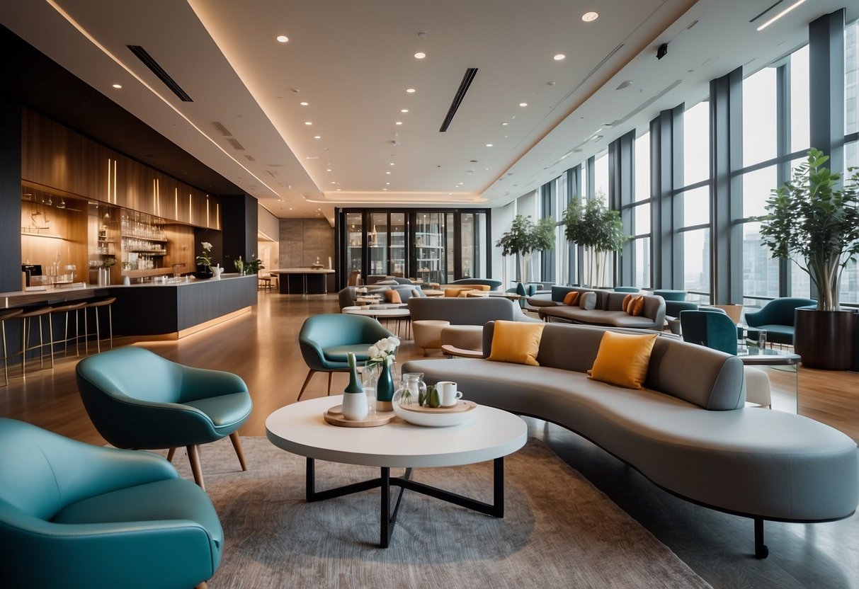 A modern commercial lounge with sleek furniture, including comfortable sofas, stylish armchairs, and elegant coffee tables. The space is well-lit with natural light and adorned with vibrant artwork