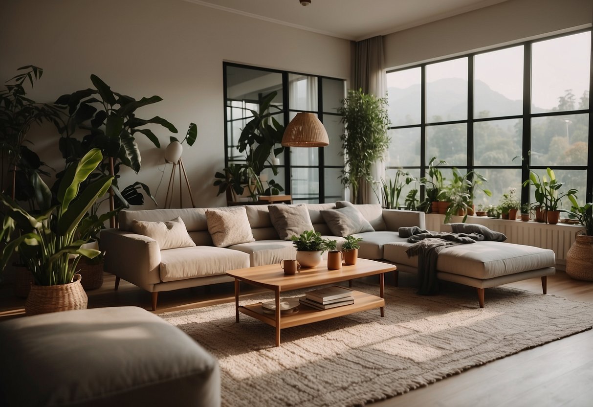 A cozy living room with modern Wihardja furniture, warm lighting, and lush indoor plants