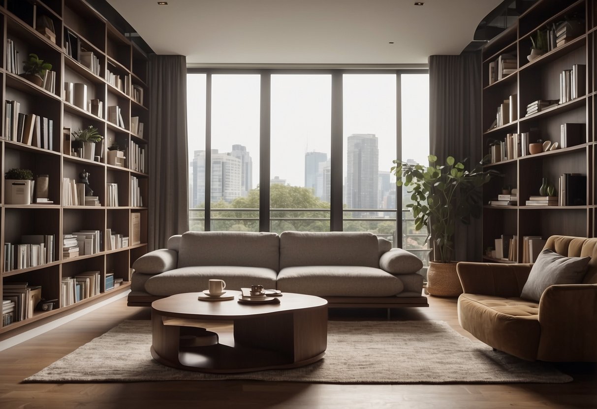 A room with a sofa that transforms into a bed, a coffee table that extends into a dining table, and a bookshelf that doubles as a desk