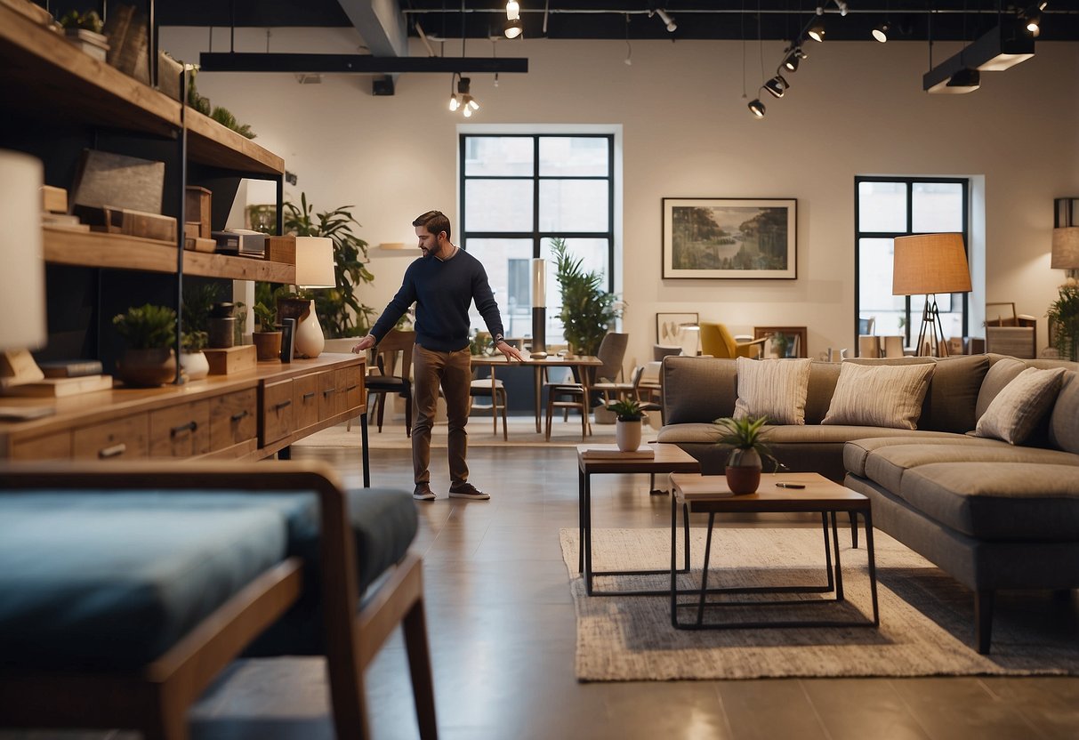 A customer browsing through a collection of furniture with a "Frequently Asked Questions" sign displayed prominently in a well-lit showroom