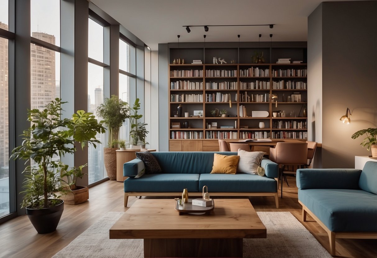 A room with a convertible sofa transforming into a bed, a coffee table that extends into a dining table, and a bookshelf that doubles as a desk