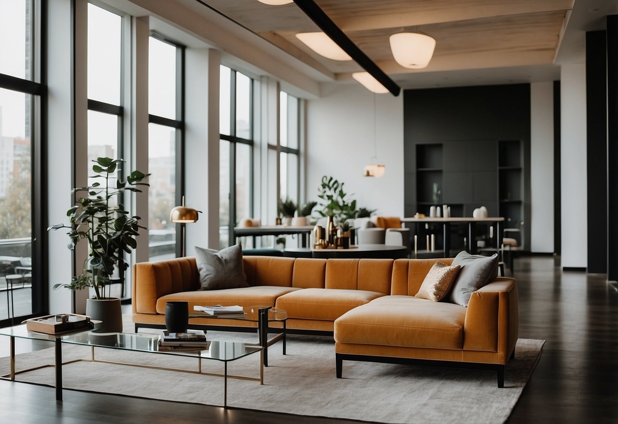 A modern, sleek lounge area with comfortable, stylish furniture, including plush sofas, coffee tables, and accent chairs. The space is well-lit with natural light and features a minimalist design with pops of color