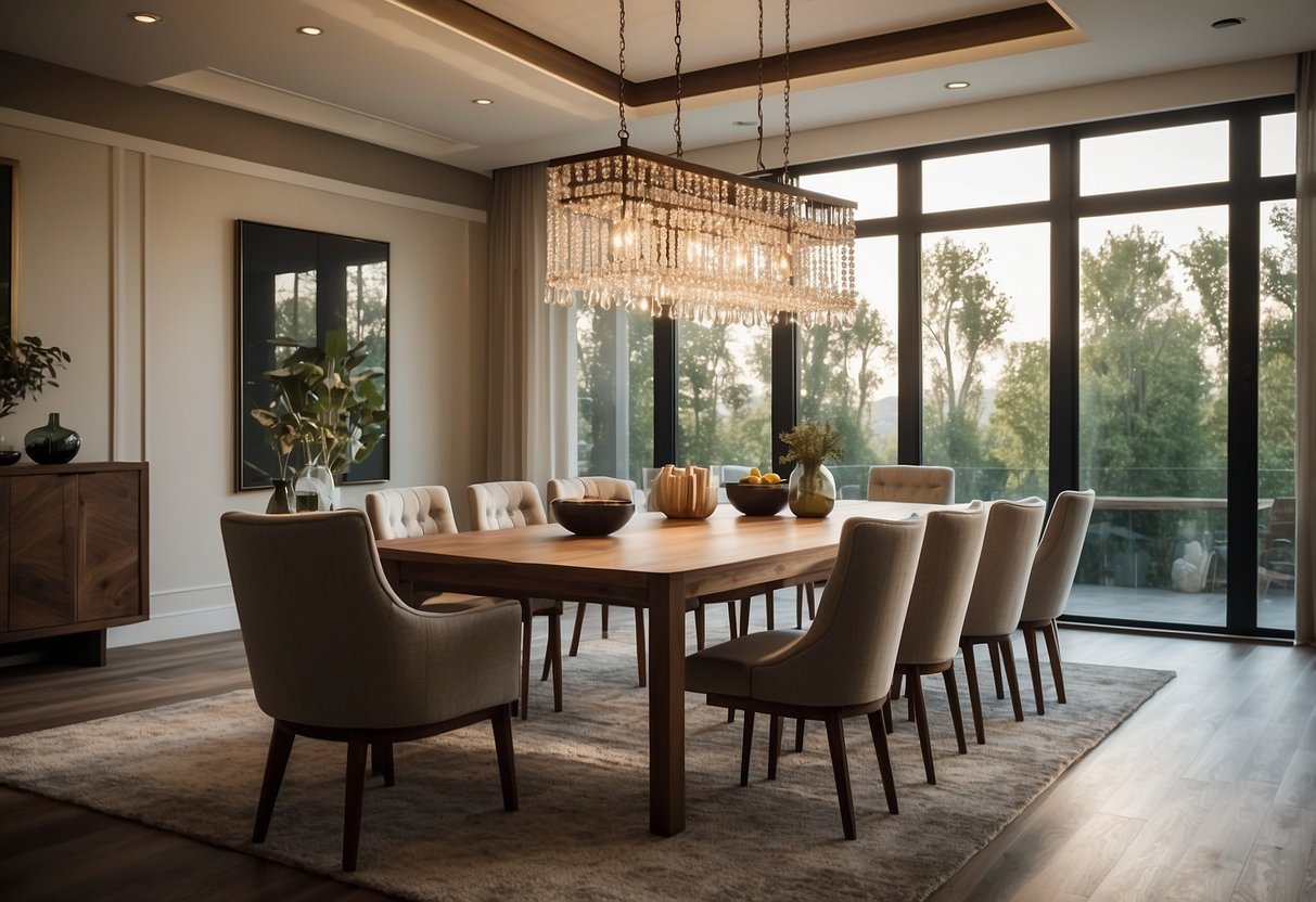 A spacious dining room with a large window, a sleek wooden table, and matching chairs. A chandelier hangs above, casting a warm glow over the room