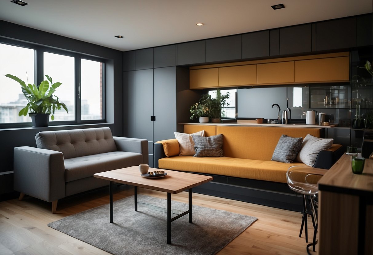 A small room with a sofa that transforms into a bed, a coffee table that extends into a dining table, and a wall-mounted desk that folds down for use