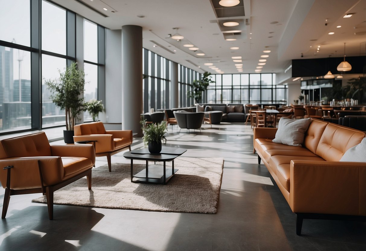 A modern commercial lounge with sleek furniture, including sofas, chairs, and tables. The space is well-lit with a minimalist design and a relaxed atmosphere