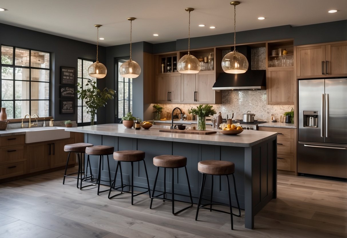 A spacious kitchen with a central furniture island, surrounded by bar stools. The island features a sleek countertop, built-in storage, and a stylish pendant light overhead
