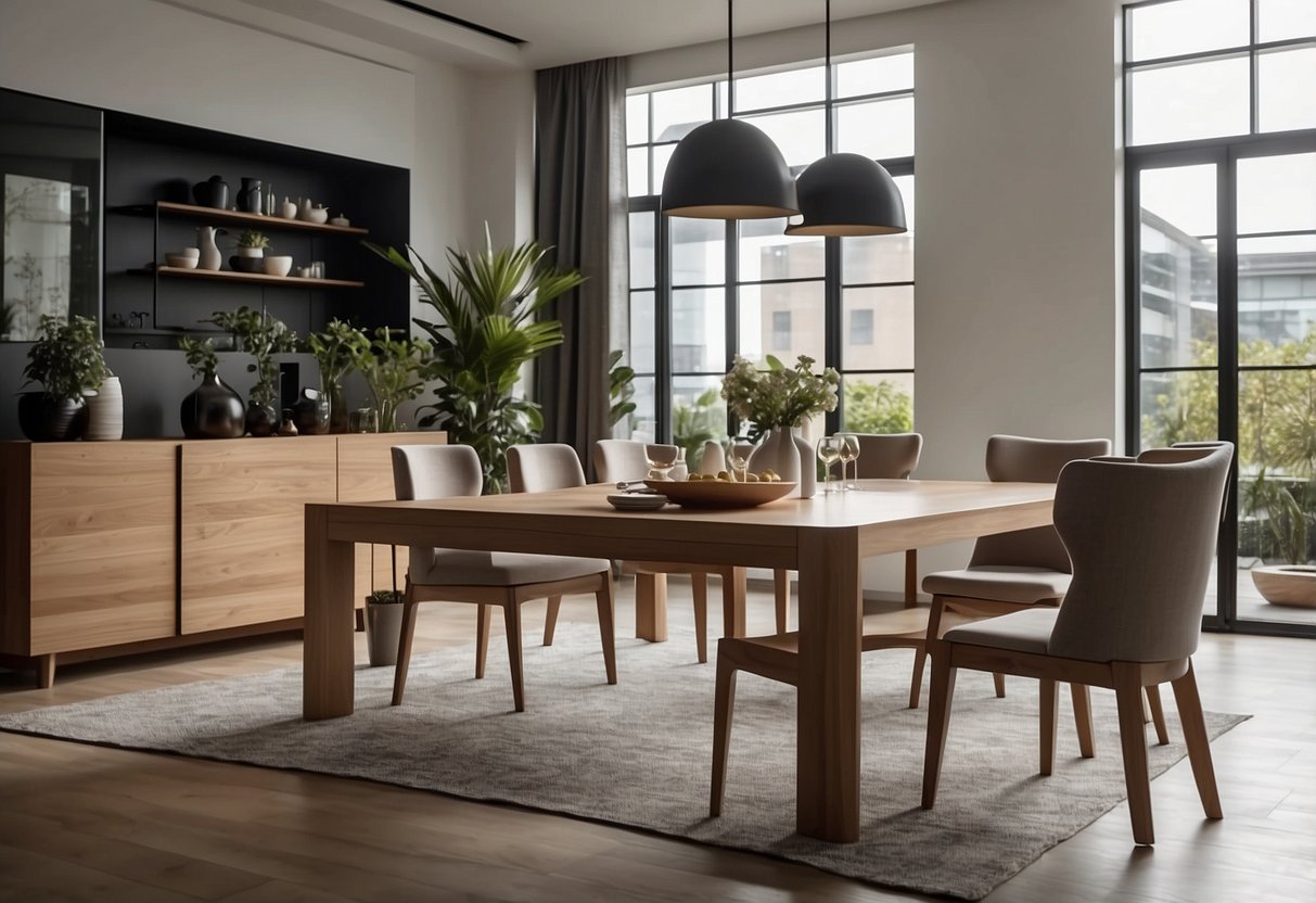 A dining room with a modern furniture set, including a sleek table, comfortable chairs, and a stylish sideboard. The room is well-lit, with a large window providing natural light