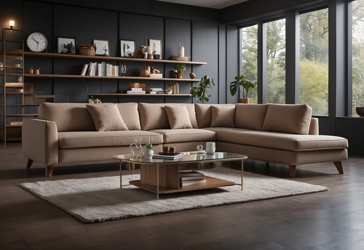 A room with convertible furniture pieces, like a sofa that transforms into a bed, a coffee table that lifts into a dining table, and a bookshelf that doubles as a desk