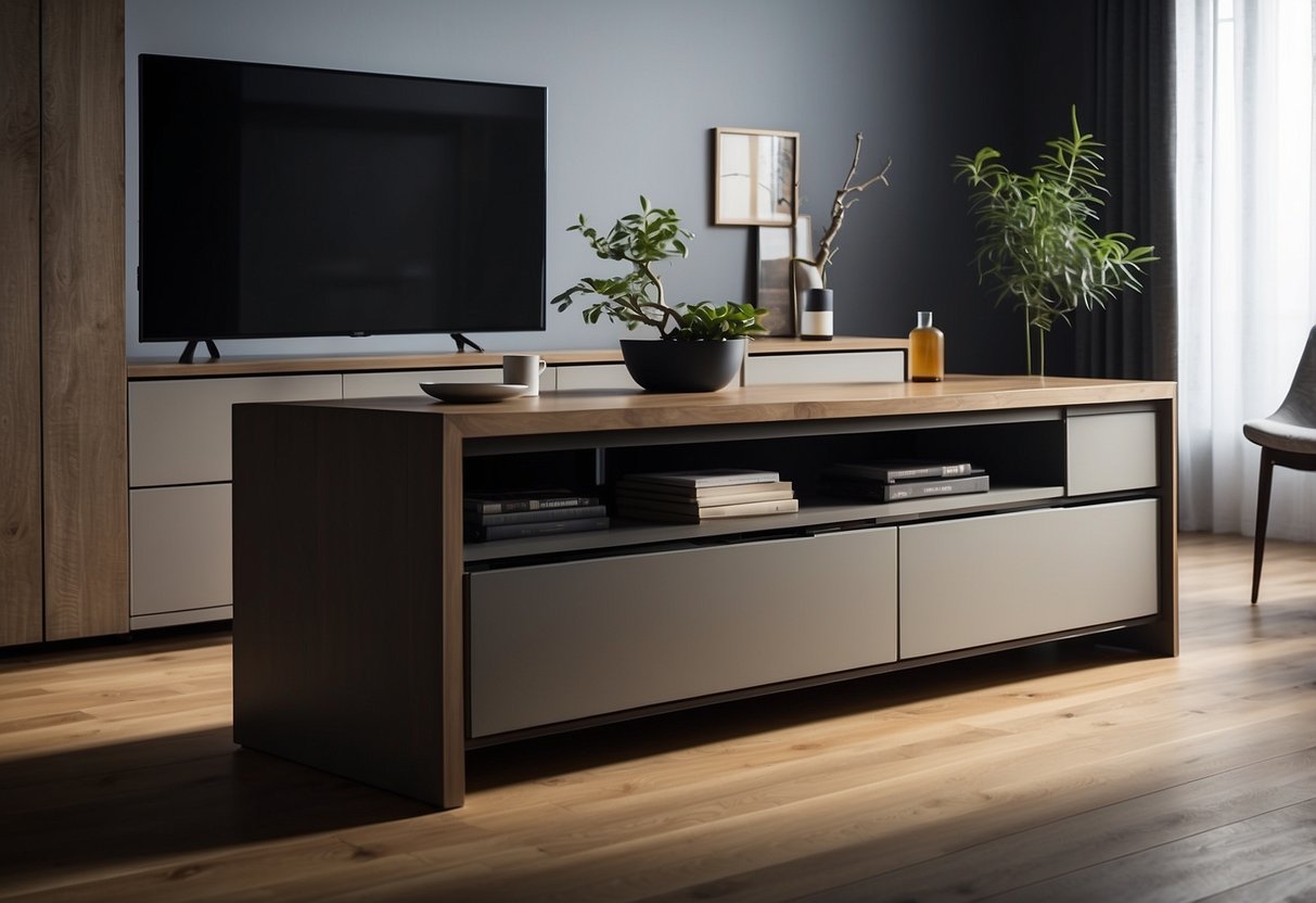 A sleek, modern furniture island with built-in storage solutions and functional design