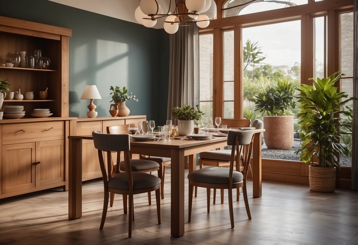 A dining room with a table, chairs, and a sideboard. The room is well-lit and inviting, with a warm color scheme and a cozy atmosphere
