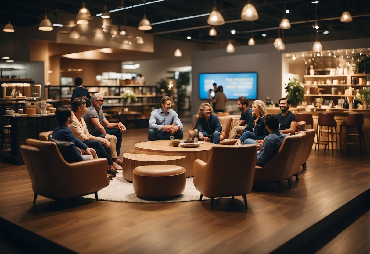 A central island of furniture surrounded by customers asking questions