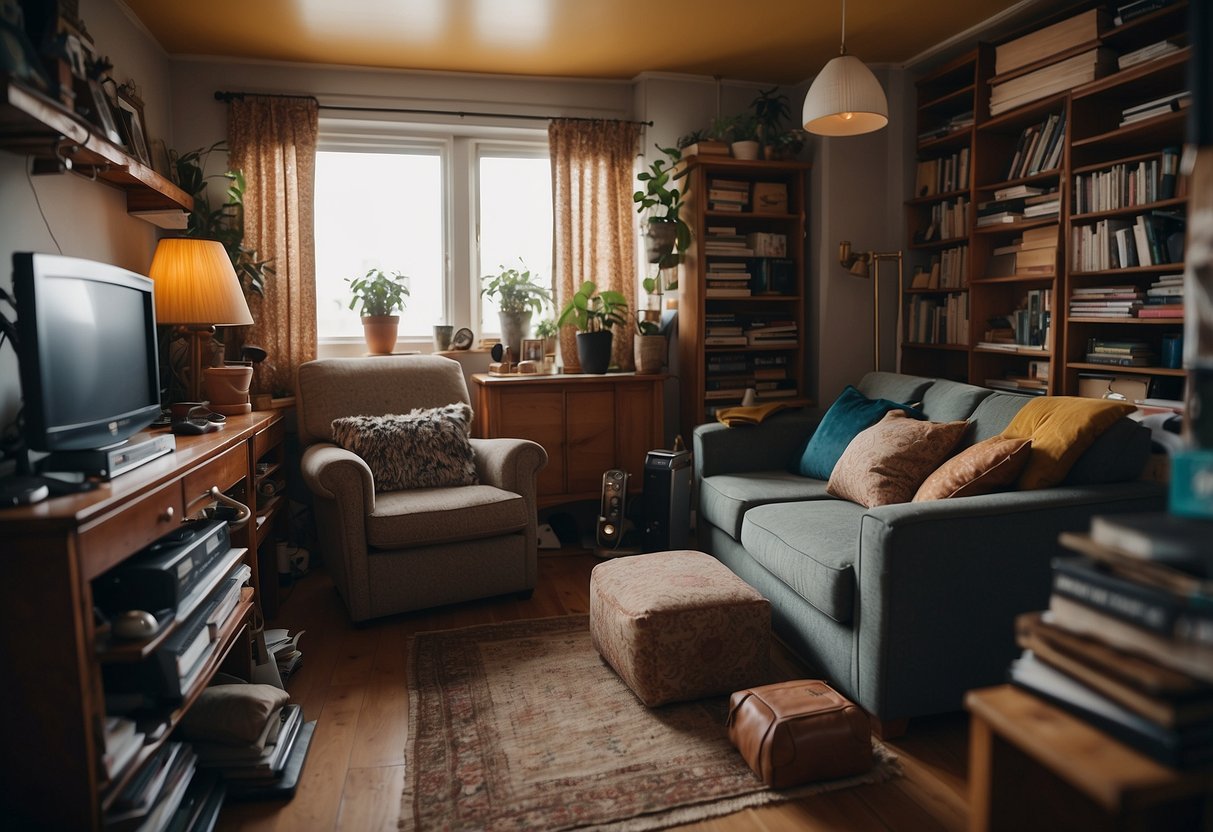 A cluttered room with mismatched, low-quality furniture bought online