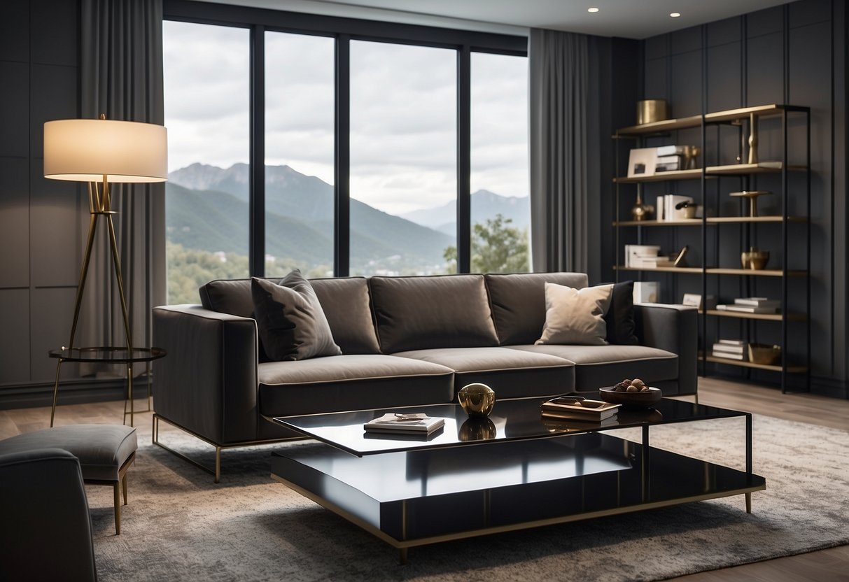 A modern living room with a sleek sofa, coffee table, and bookshelf, all featuring clean lines and minimalist design, with a bold and stylish "furniture" logo displayed prominently in the background