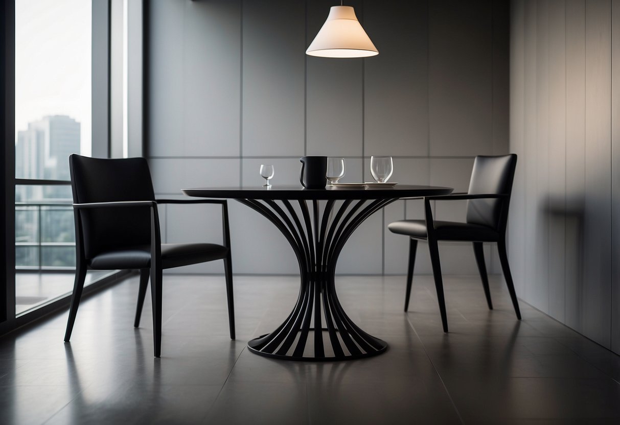 A modern, sleek chair and table silhouette in a minimalist style, with clean lines and elegant curves. The logo should convey sophistication and quality