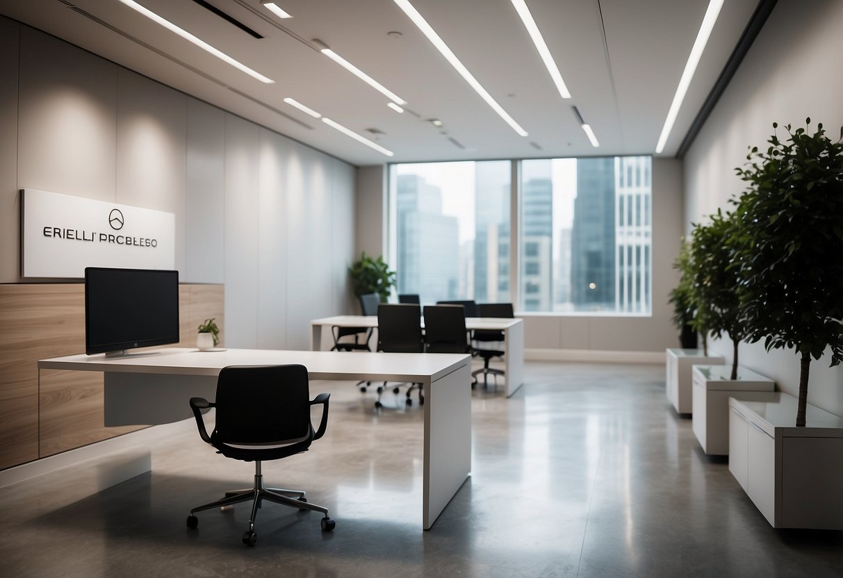 A modern office setting with sleek, minimalist furniture and a prominent logo displayed on a wall or furniture piece