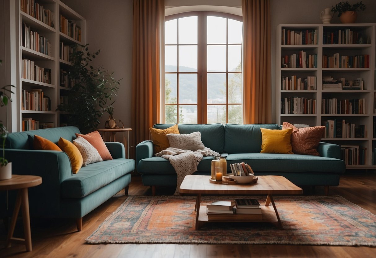 A cozy living room with a plush sofa, a wooden coffee table, and a colorful rug. A bookshelf filled with books and a large window with flowing curtains
