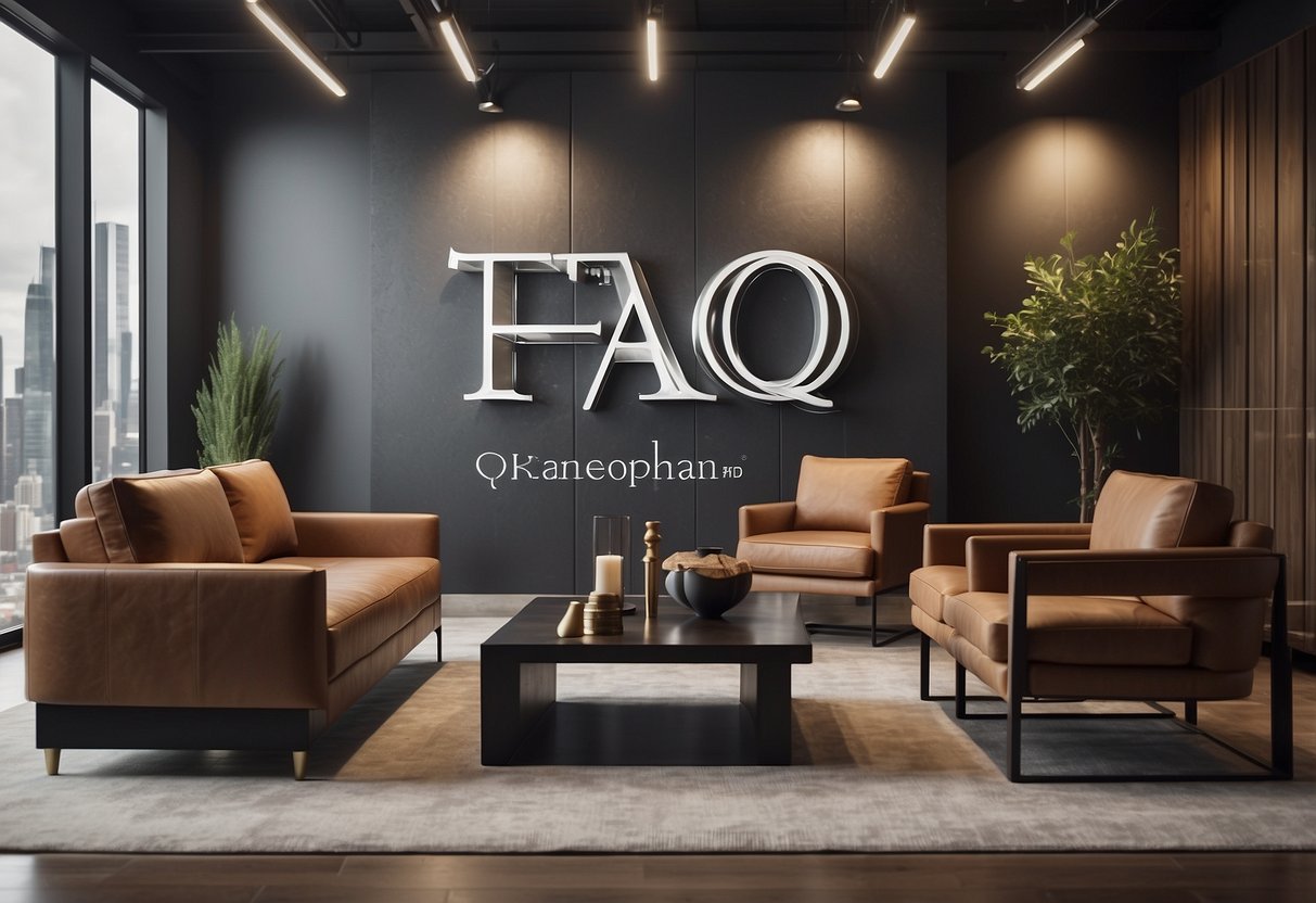 A modern, sleek furniture logo with the letters "FAQ" creatively integrated into the design, surrounded by clean lines and minimalist elements