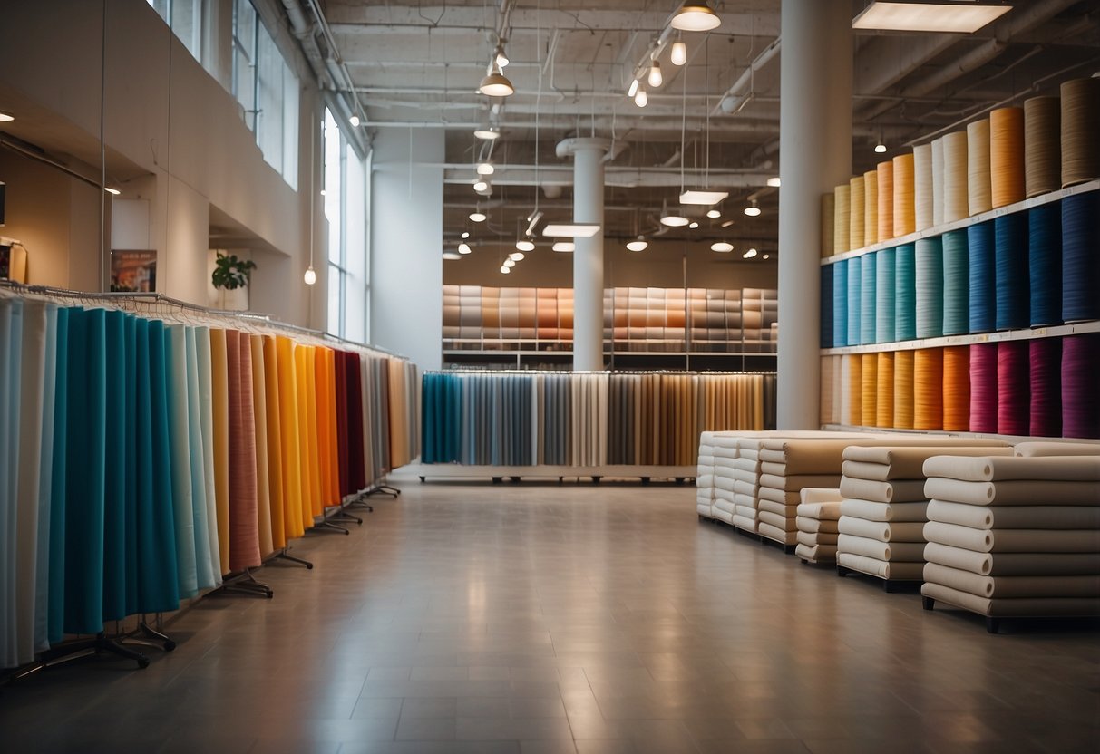 A spacious furniture fabric store with rows of colorful rolls, patterned swatches, and hanging drapes. Bright lighting illuminates the space, creating a welcoming and vibrant atmosphere