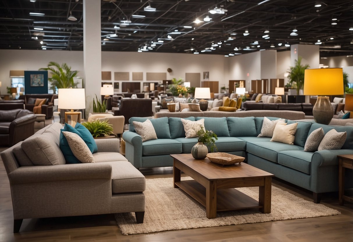 Customers browse through a variety of furniture displays in a spacious and well-lit showroom in Henderson. Different styles and designs of furniture are showcased, including sofas, tables, and chairs