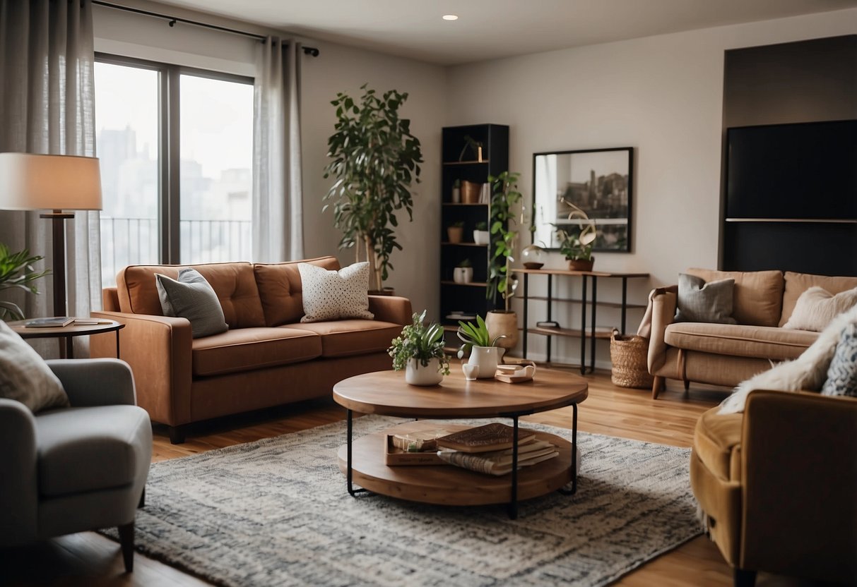 A living room with a sofa, coffee table, and bookshelf. A dining area with a table and chairs. A bedroom with a bed, nightstands, and dresser