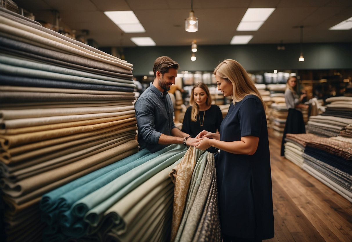 Customers browsing through various fabric choices, ranging from soft velvets to durable leathers, in a well-lit and organized furniture fabric store