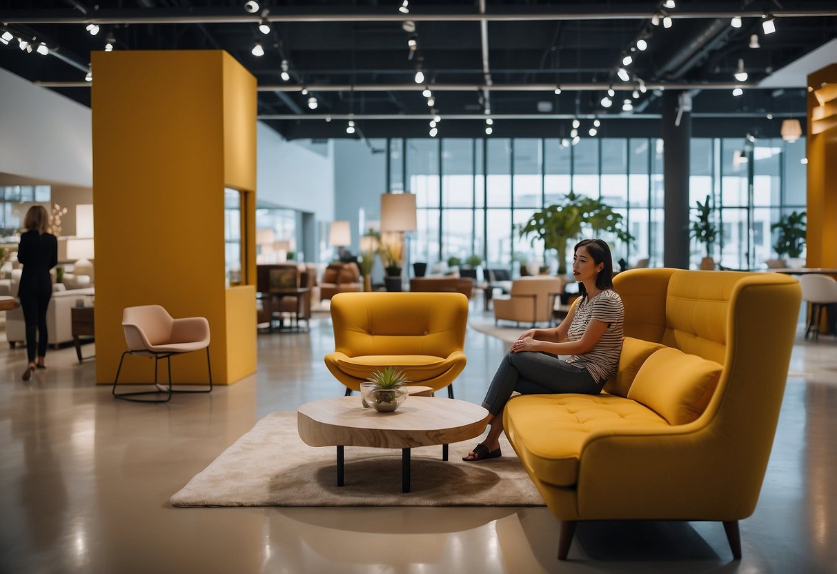 A customer browses modern furniture displays in a spacious showroom, surrounded by sleek designs and vibrant decor