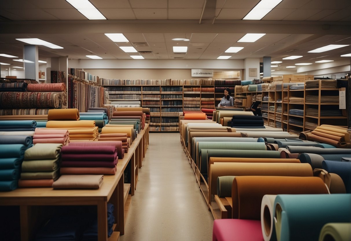 A bustling furniture fabric store with colorful rolls of fabric, shelves of upholstery supplies, and customers browsing and consulting with staff