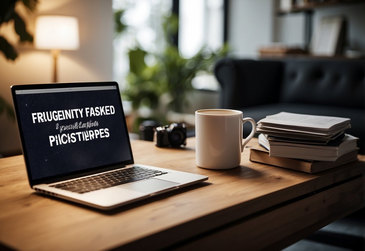 A laptop and a stack of paper with "Frequently Asked Questions" written on it, surrounded by various pieces of affordable furniture