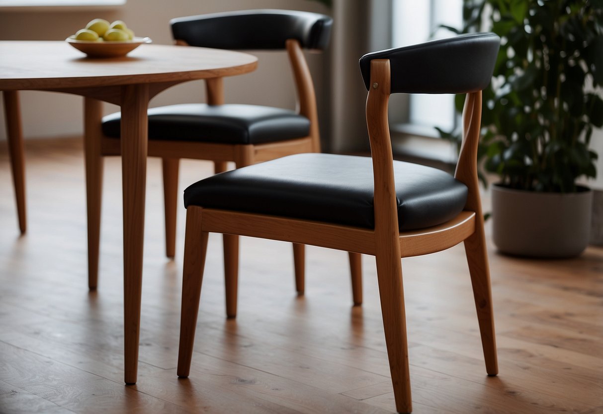 A dining chair with wipeable leather upholstery and a smooth, non-porous table surface for easy cleaning