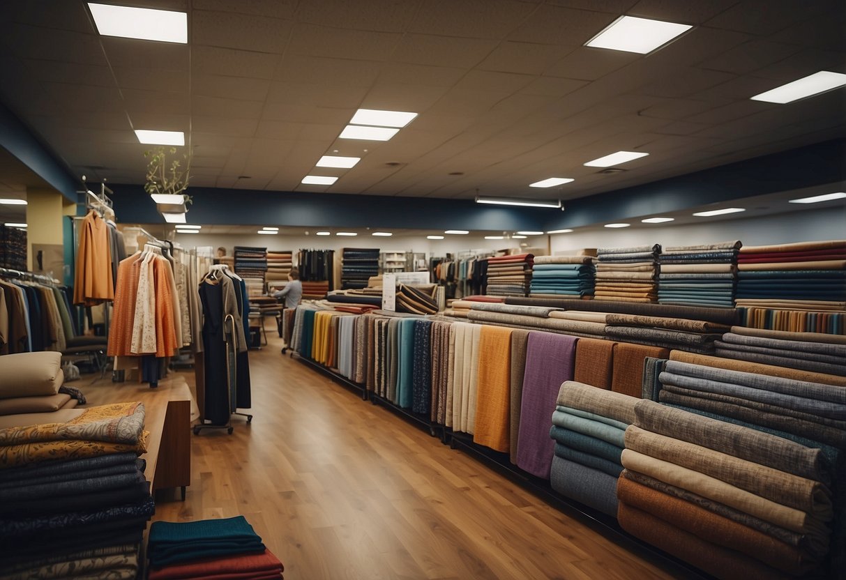 A bustling furniture fabric store with rows of colorful fabrics, customers browsing and staff assisting. Display racks showcase various patterns and textures