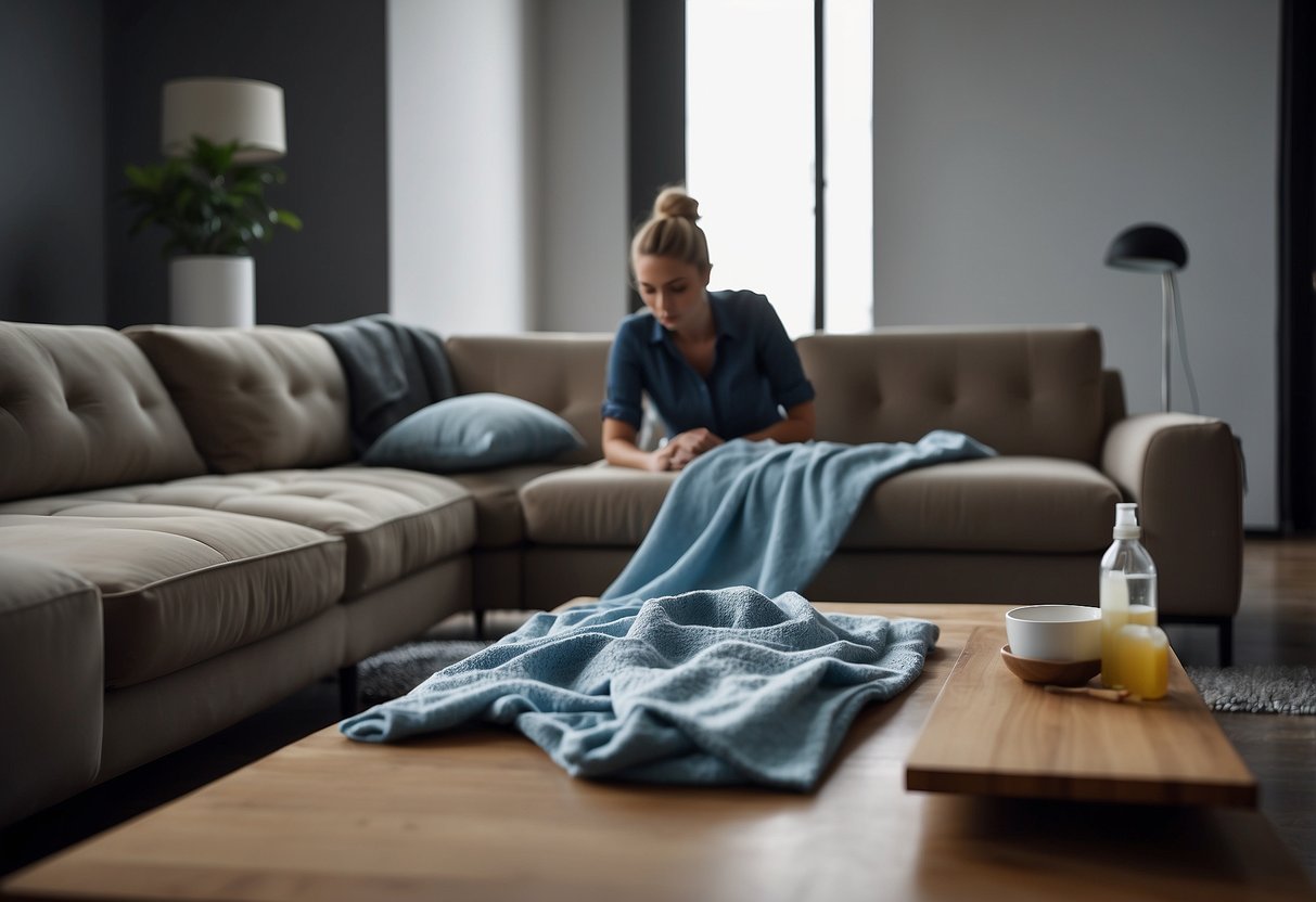 A person wipes down a sleek, modern sofa with a damp cloth. A nearby table holds cleaning supplies and a vacuum