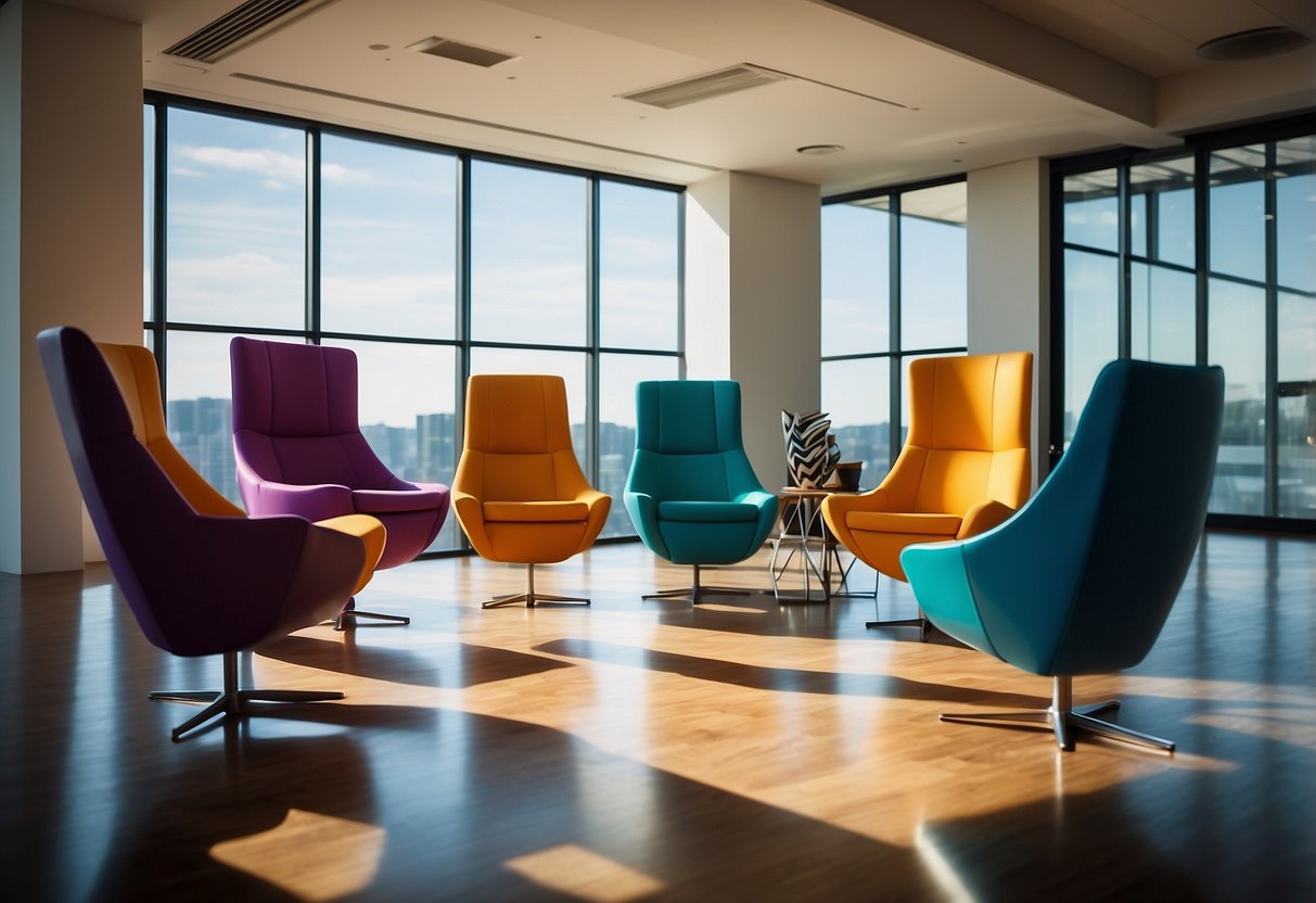 A room with angular chairs and tables, featuring geometric shapes and bold colors, creating a dynamic and abstract composition