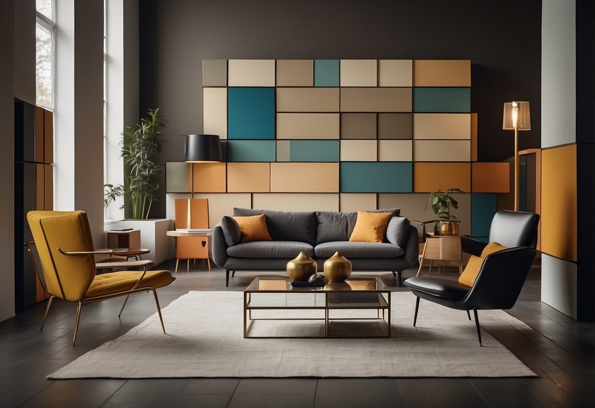 A room with angular, geometric furniture pieces arranged in a fragmented, abstract manner, showcasing the essence of cubist furniture design