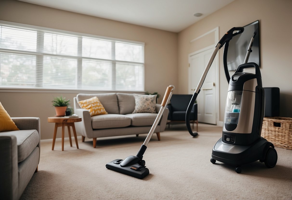 A simple, clean room with easy-to-clean furniture. A vacuum and cleaning supplies nearby. Clear instructions on how to maintain the furniture
