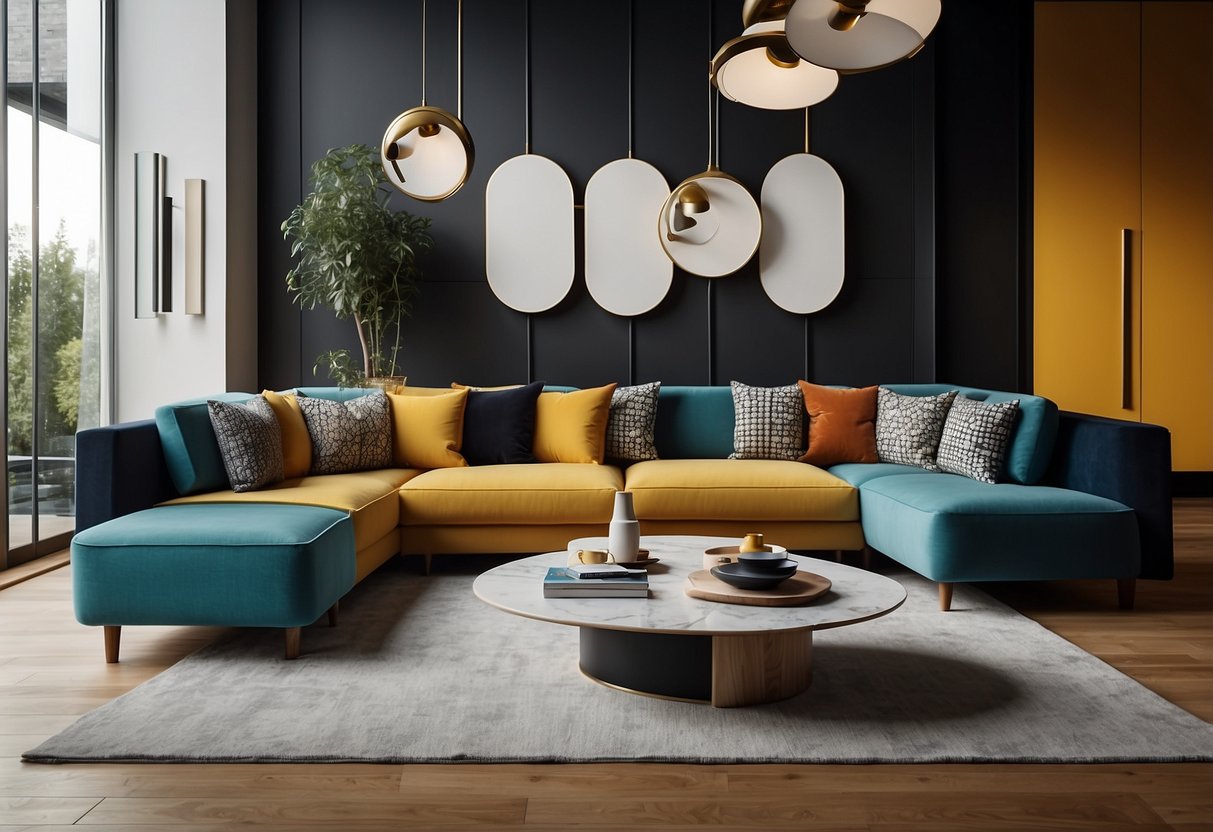 A modern living room with cubist-inspired furniture arranged in asymmetrical patterns, featuring bold geometric shapes and vibrant colors